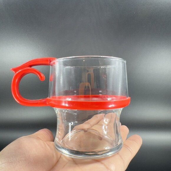 Clear Glass Coffee Mug Cup With Red Hard Plastic Handle Drinking Cup Mug Barware - Picture 10 of 13